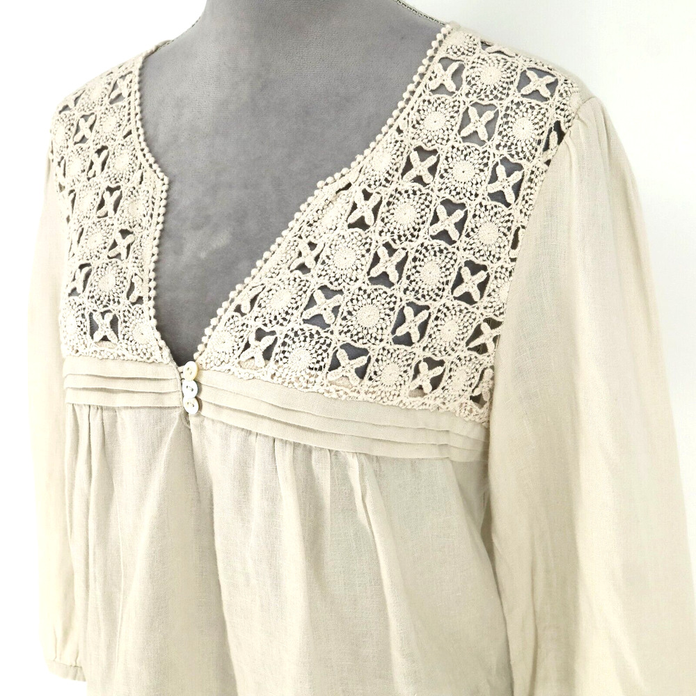 Malvin Top Womens 8 Medium Linen Beige Cotton Lace Front Blouse I Love Linen - Picture 8 of 13
